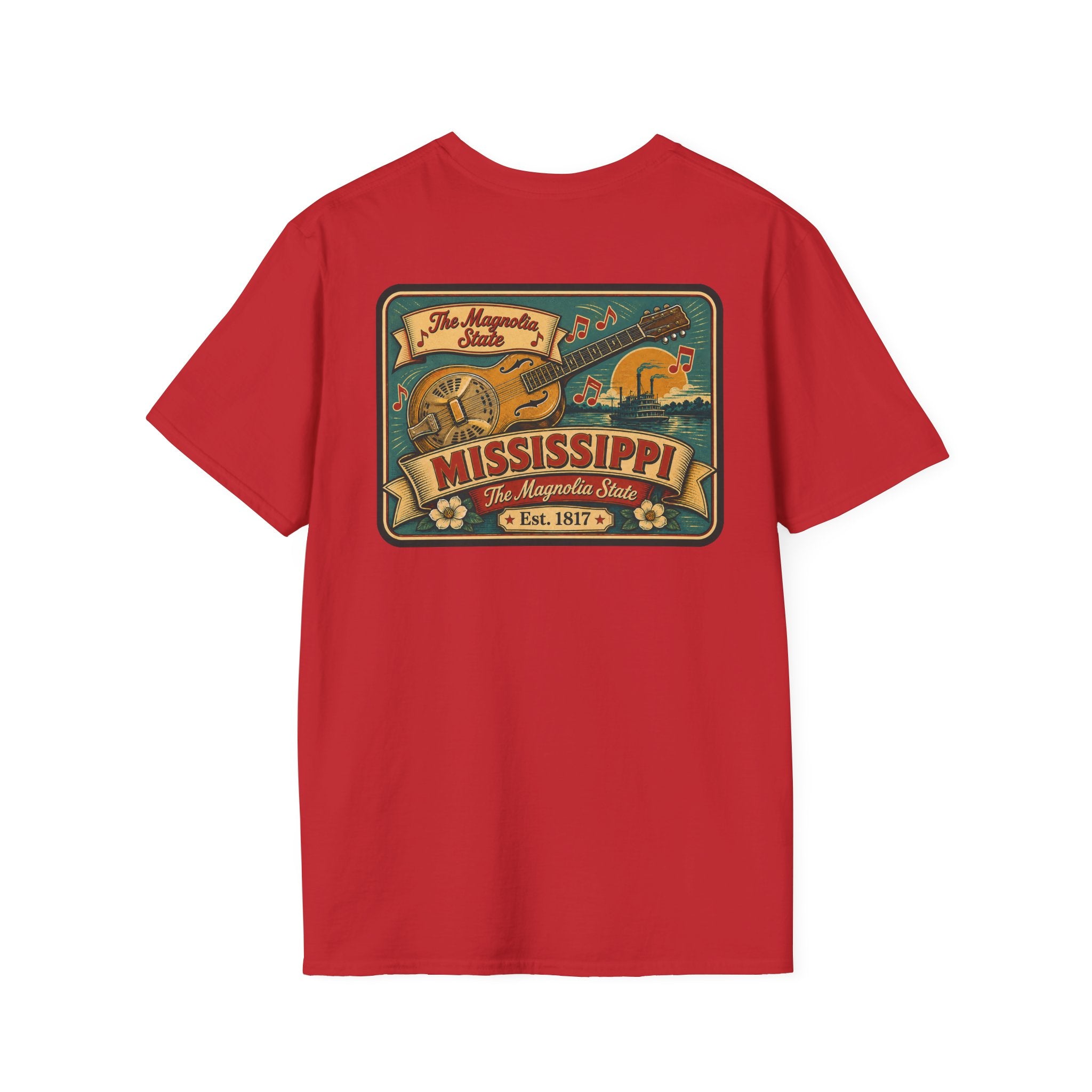 Red Mississippi Riverboat T-shirt with colorful Mississippi front graphic