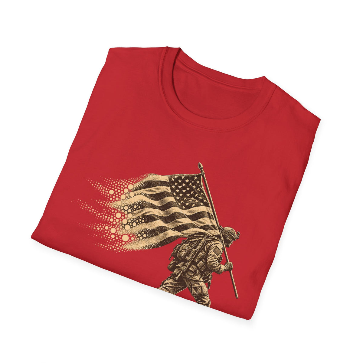 Red T-shirt with patriotic soldier graphic holding an American flag on front