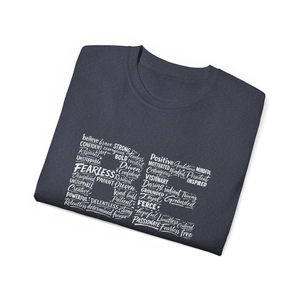 Life word cloud motivational typography shirt in dark heather/charcoal, front word cluster