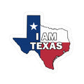 Texas flag state outline kiss-cut sticker with blue star and I AM TEXAS text