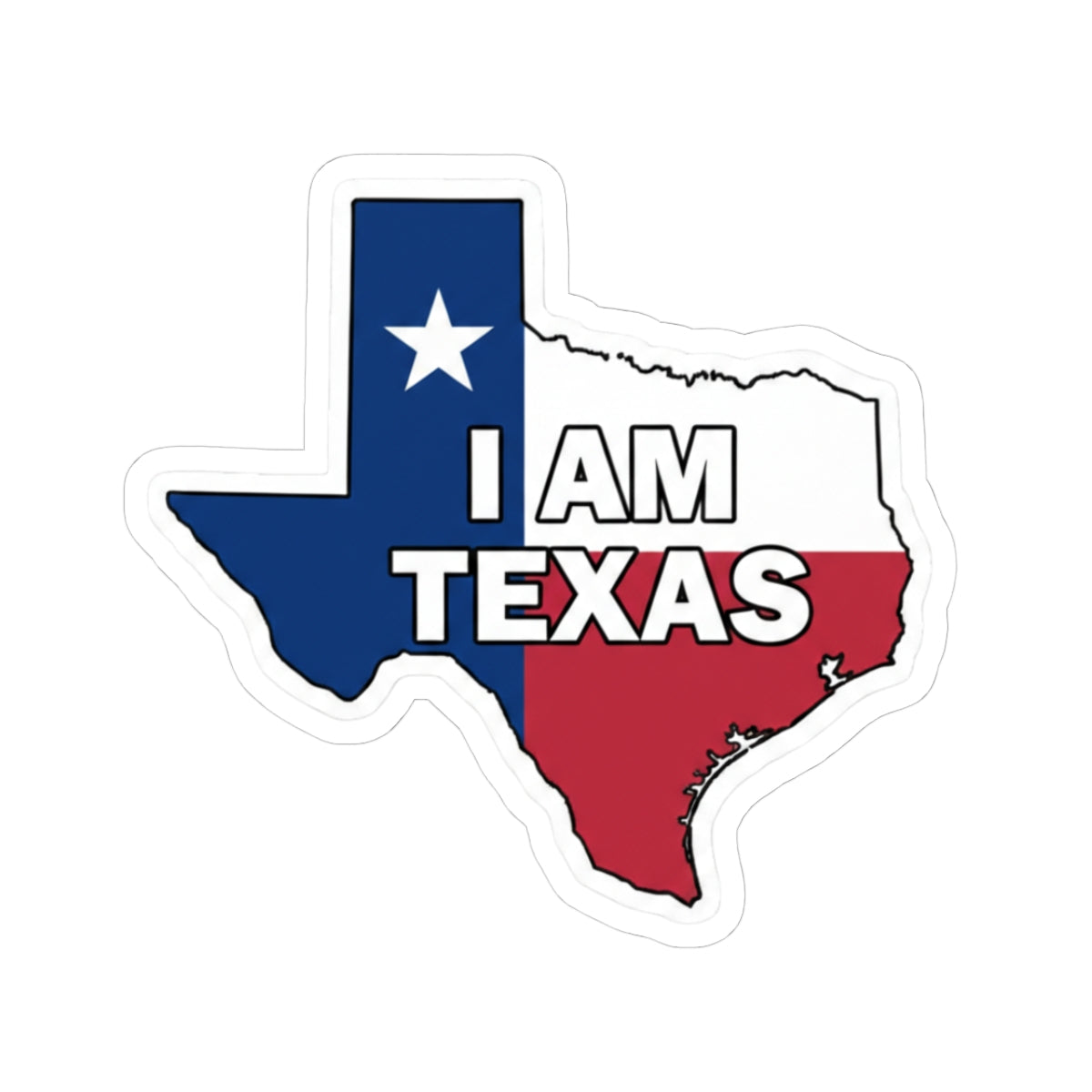 Texas flag state outline kiss-cut sticker with blue star and I AM TEXAS text