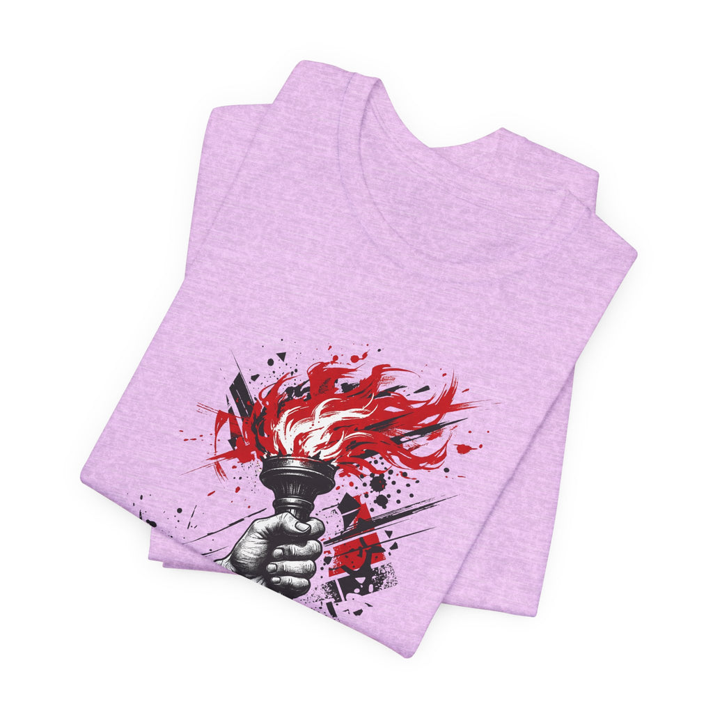 Heather purple T-shirt with red torch flame graphic on front