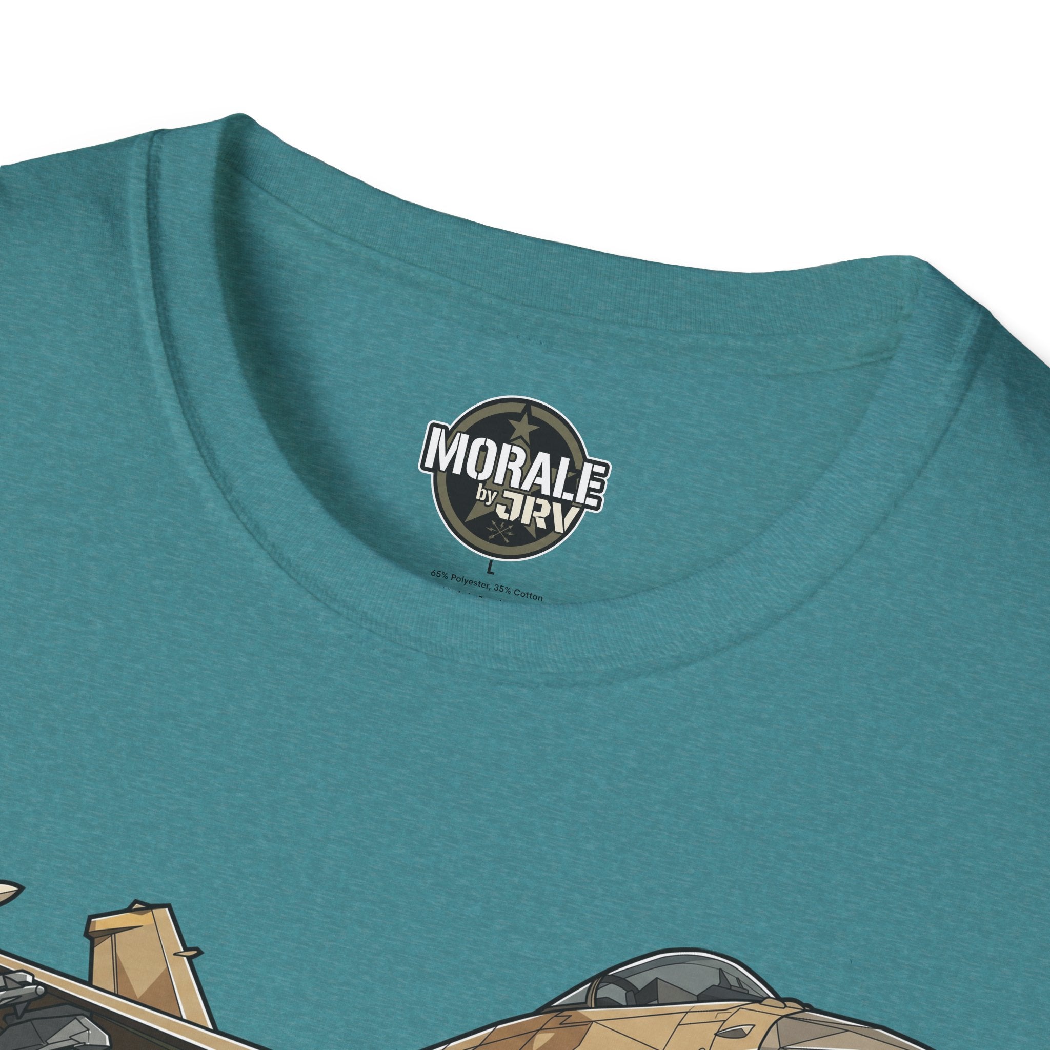Teal T-shirt neckline with “Morale by Jri” logo print