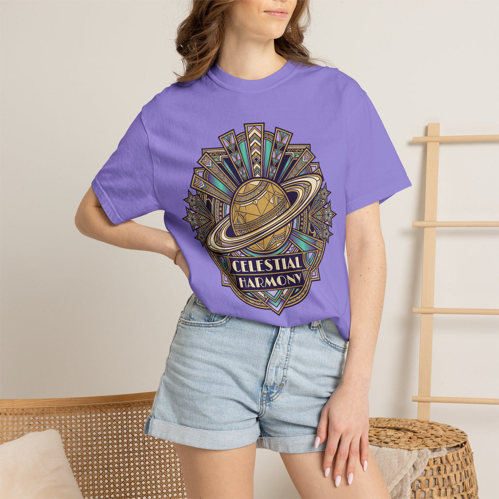 Lavender T-shirt with Saturn ring celestial graphic on chest