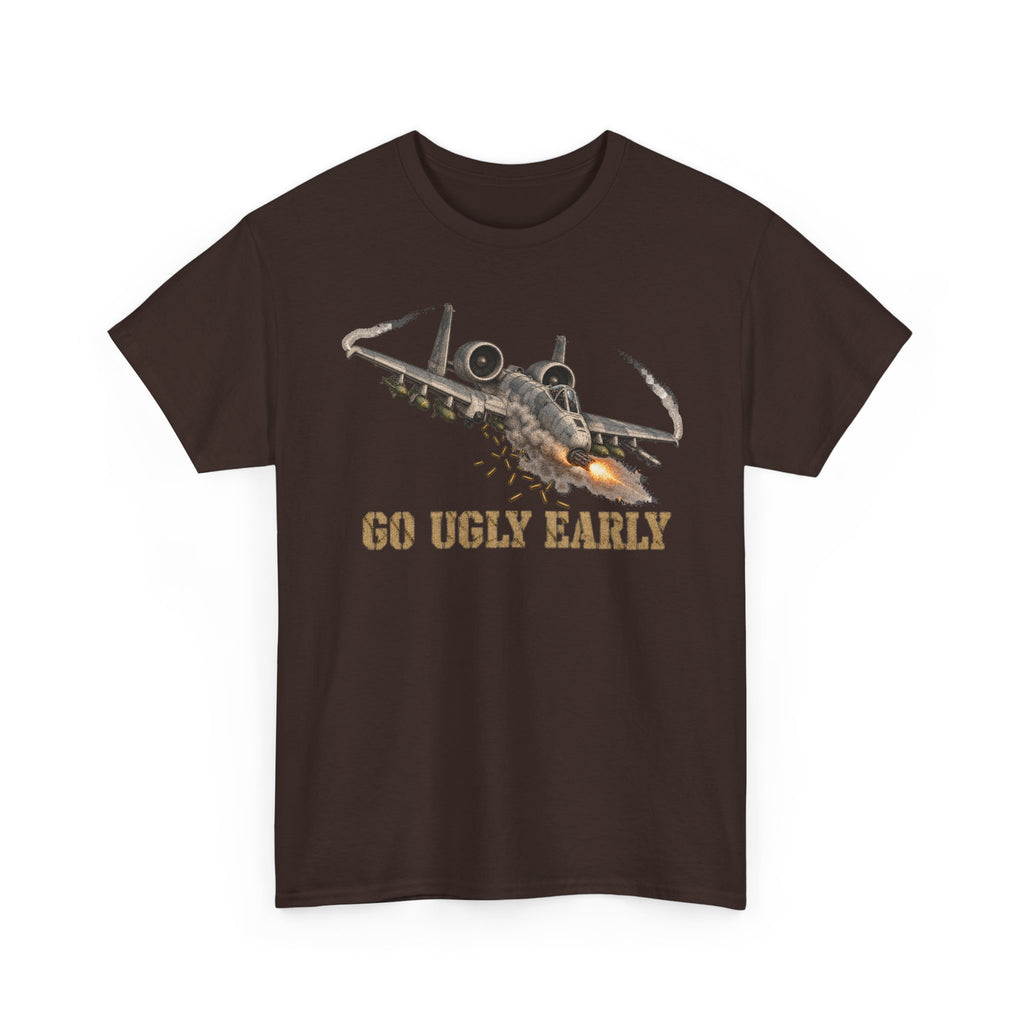 Dark brown jet attack graphic T-shirt with “Go Ugly Early” text and aircraft illustration.