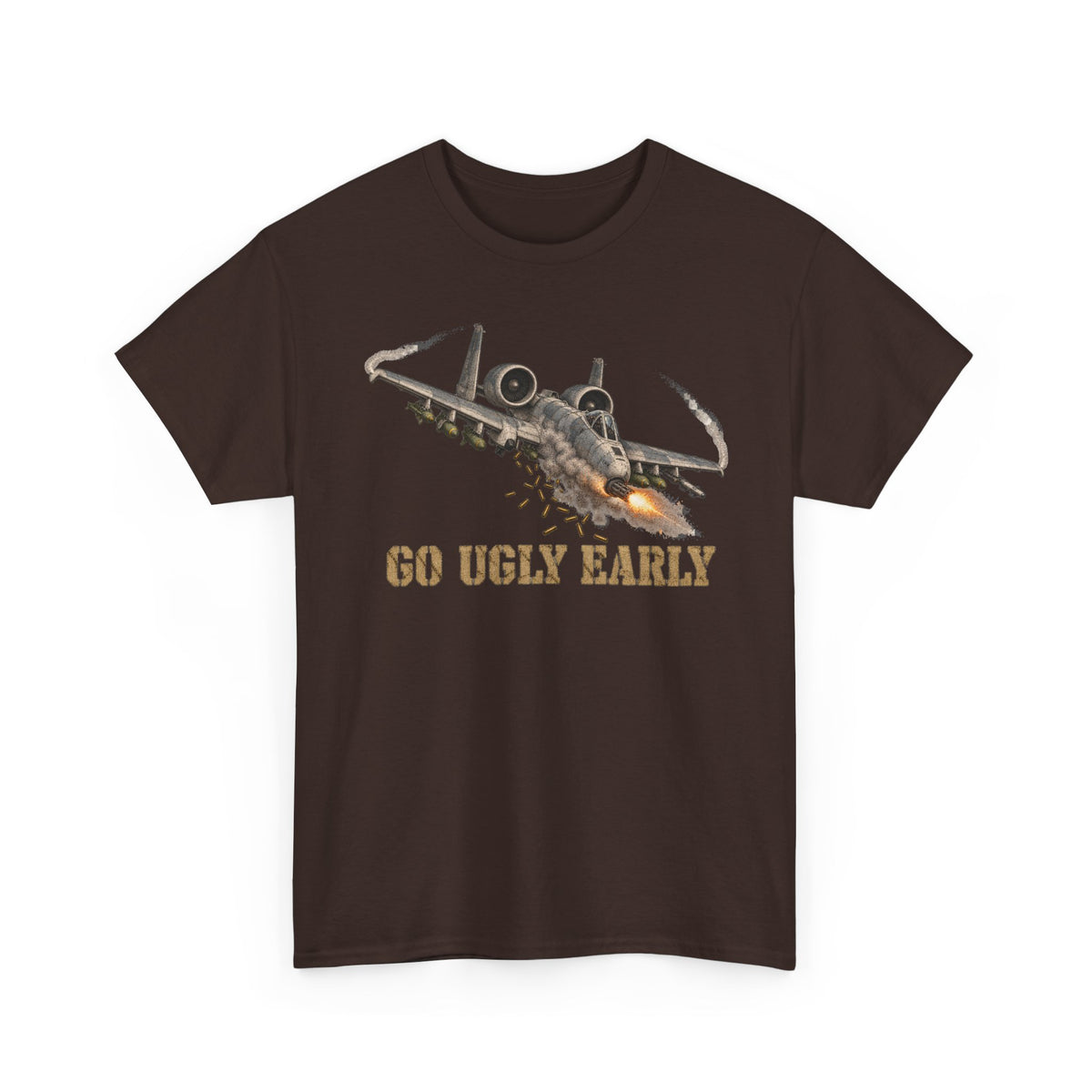 Dark brown jet attack graphic T-shirt with “Go Ugly Early” text and aircraft illustration.