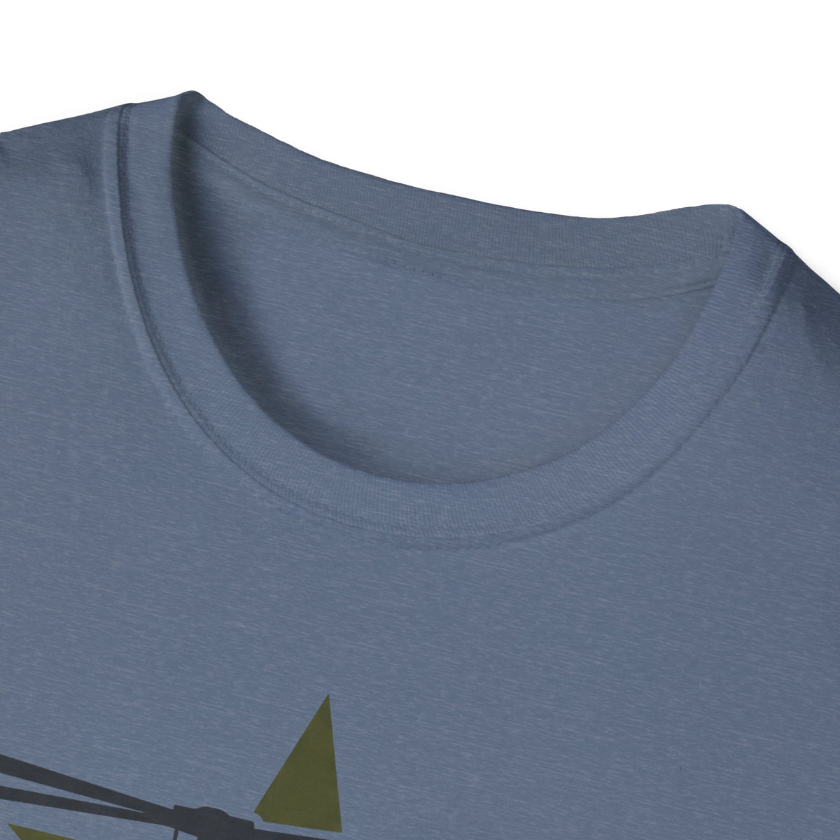 Crewneck t-shirt in slate blue with close-up of crew neckline fabric texture