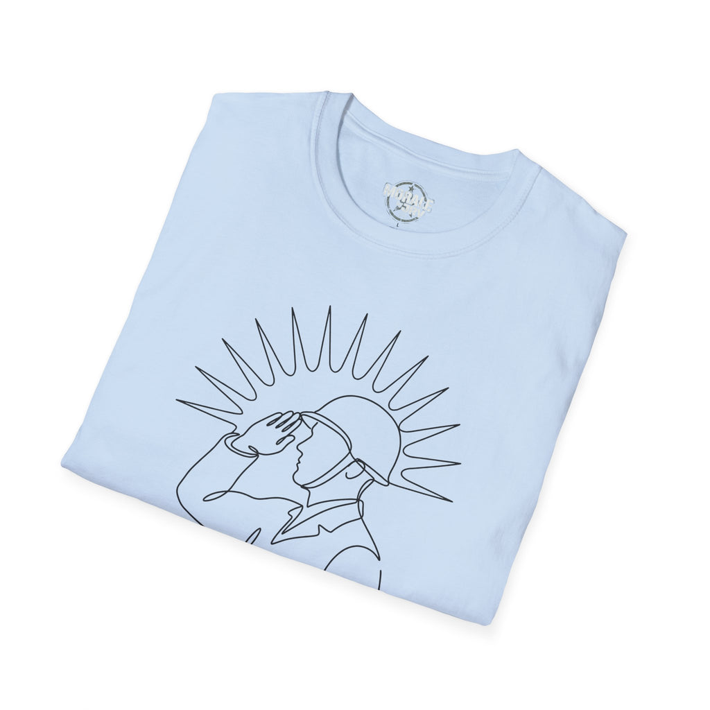Light blue T-shirt with large single-line “man looking up” illustration and sun rays