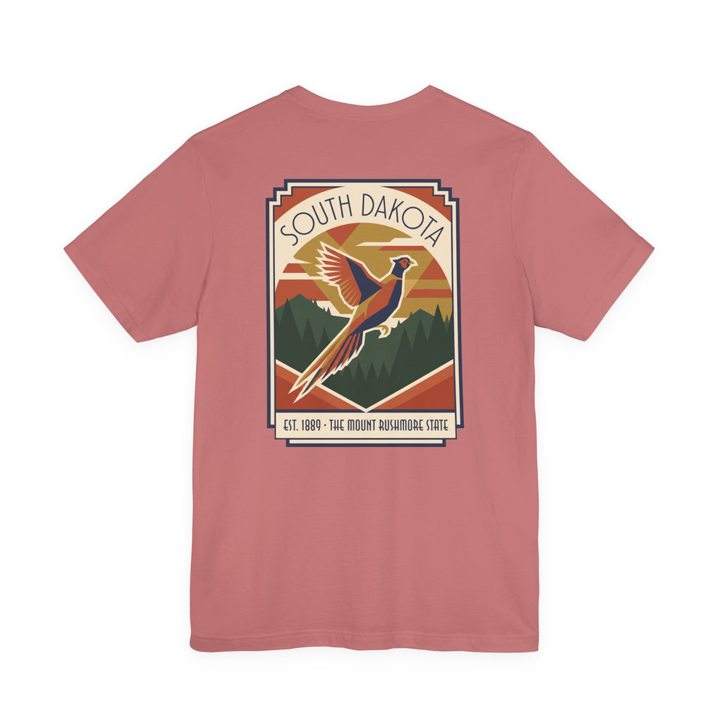 Dusty rose t-shirt with South Dakota art deco pheasant graphic print