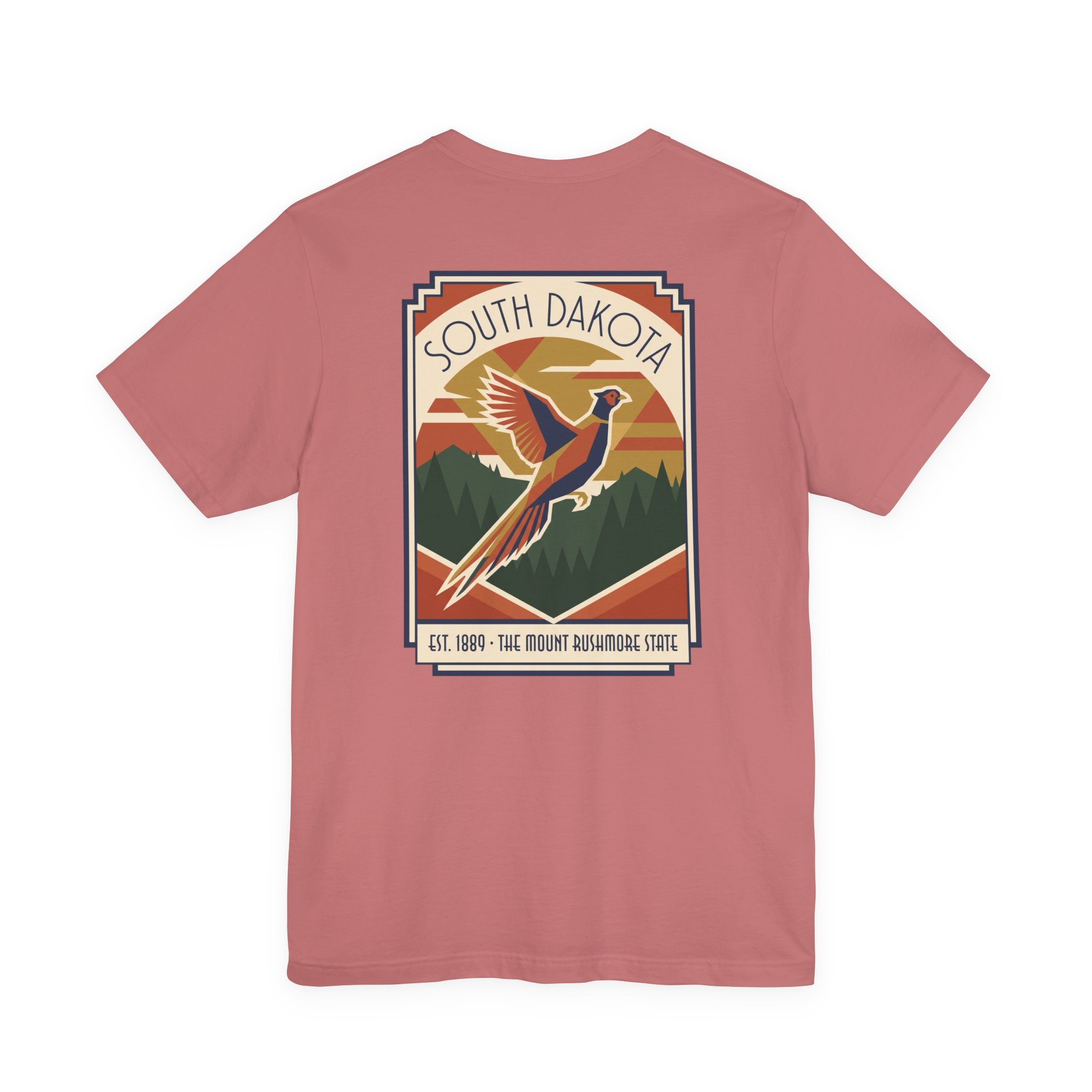 Dusty rose t-shirt with South Dakota art deco pheasant graphic print
