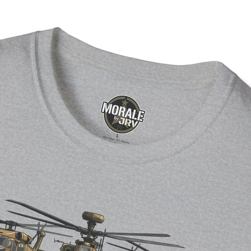 Sport grey T-shirt neckline with round “Morale by DRIV” logo; partial helicopter graphic