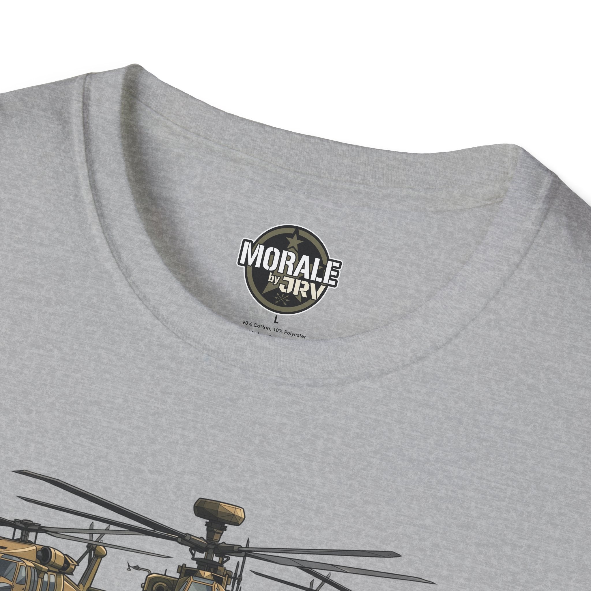 Sport grey T-shirt neckline with round “Morale by DRIV” logo; partial helicopter graphic