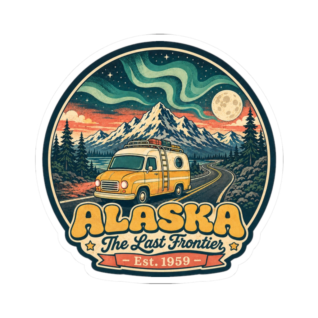 Kiss-cut sticker with “Alaska” lettering, vintage van, trees, and wave sky art