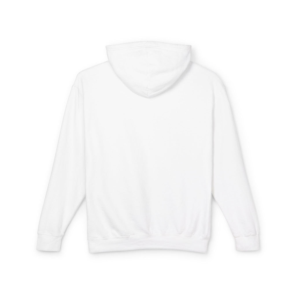 White pullover hoodie with hood and drawstring, plain back view