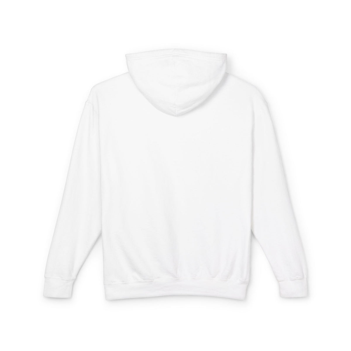 White pullover hoodie with hood and drawstring, plain back view