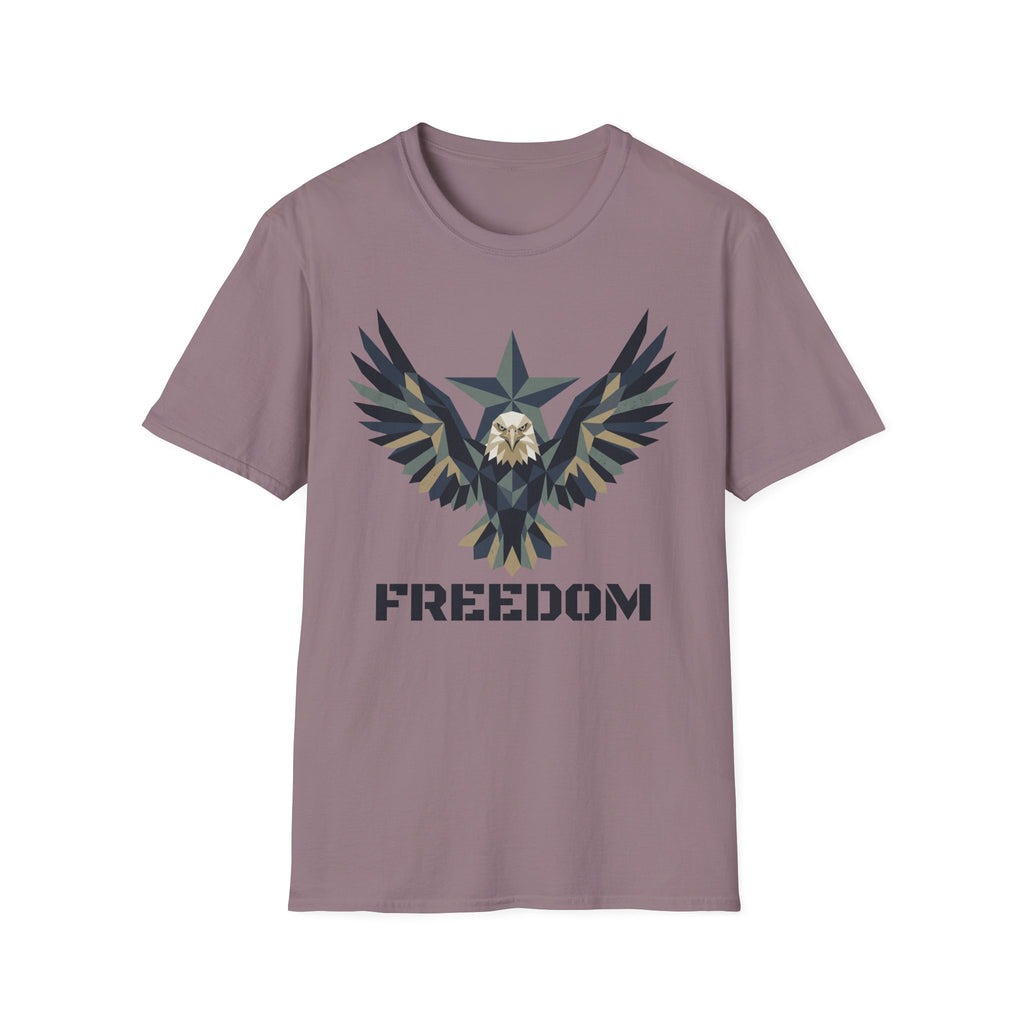 Taupe/purple-gray eagle camo graphic T-shirt with winged emblem and “FREEDOM” text