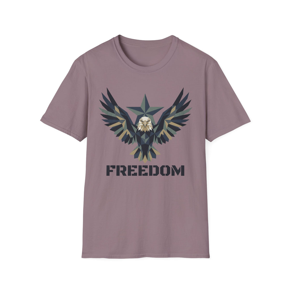Taupe/purple-gray eagle camo graphic T-shirt with winged emblem and “FREEDOM” text