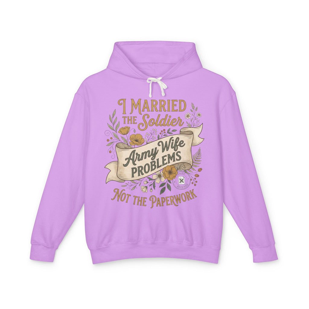 Purple hoodie with drawstring hood and front graphic text "I Married the Soldier"