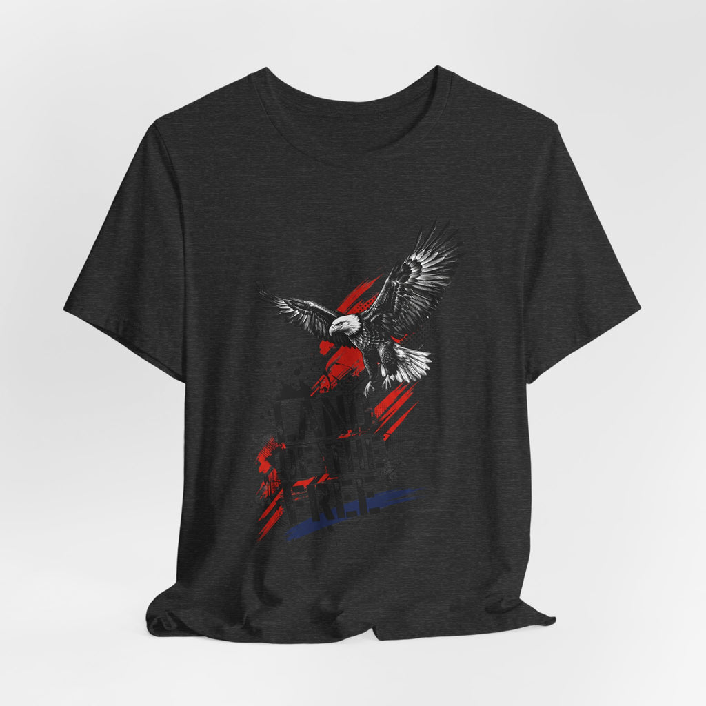 Dark heather T-shirt with flying eagle graphic and red-white 'LAND OF THE FREE' print
