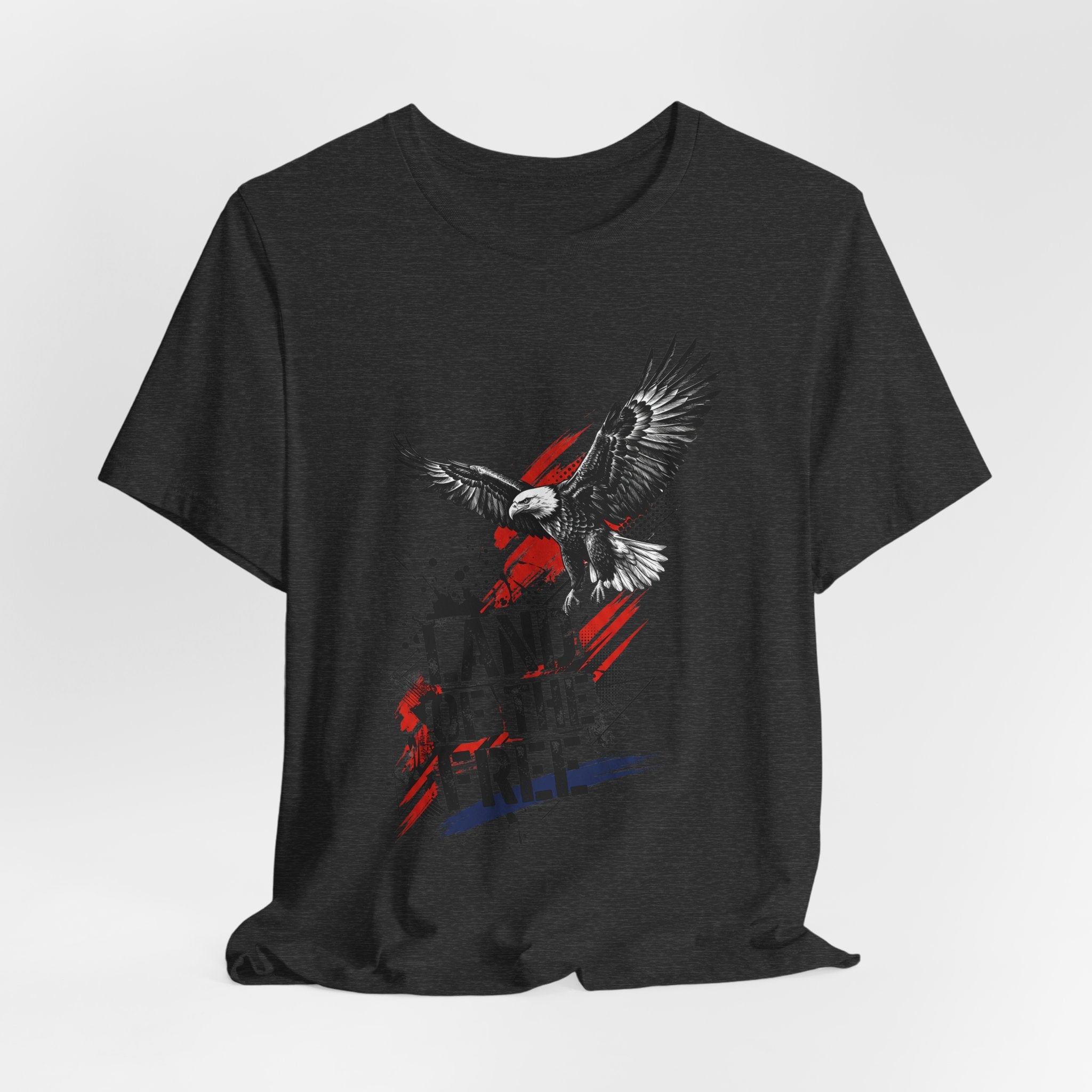 Dark heather T-shirt with flying eagle graphic and red-white 'LAND OF THE FREE' print