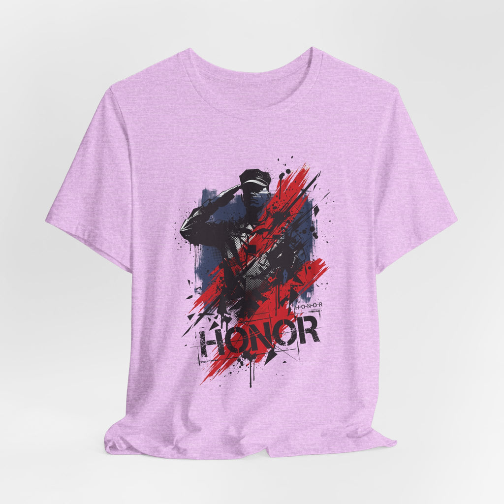 Lilac crewneck T-shirt with blue and red soldier silhouette graphic