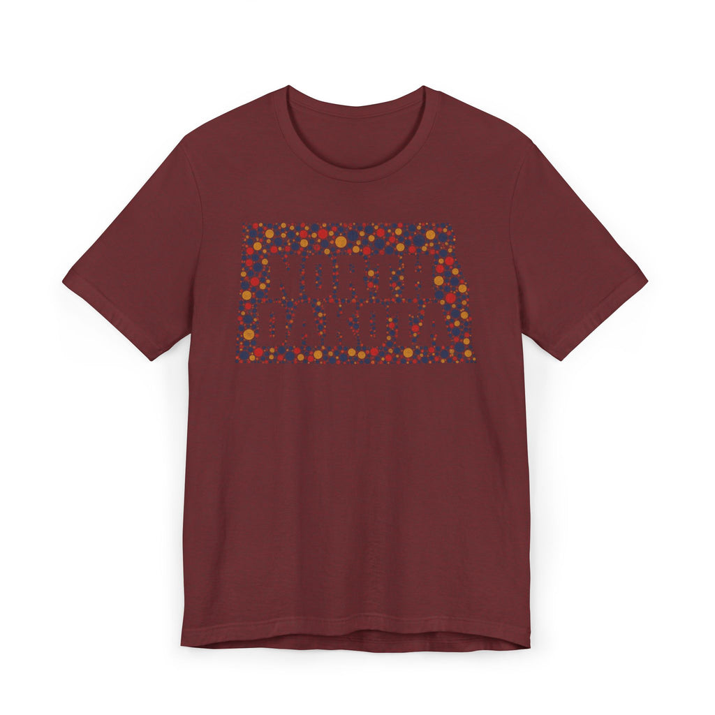 Burgundy T-shirt with colorful “NORTH DAKOTA” floral map graphic on front
