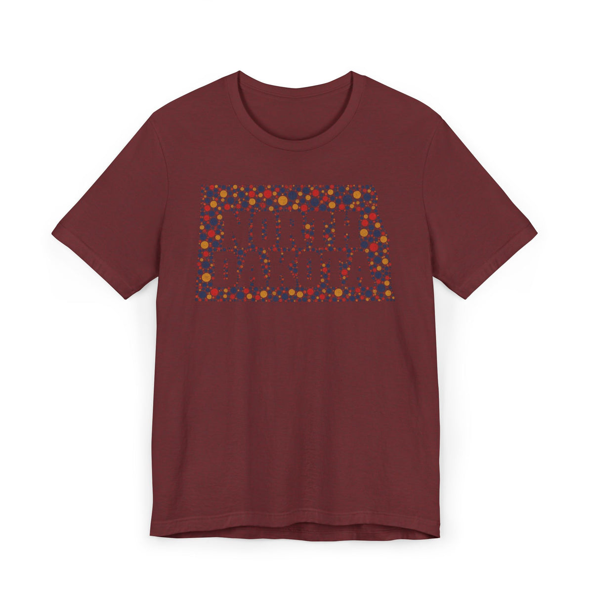 Burgundy T-shirt with colorful “NORTH DAKOTA” floral map graphic on front