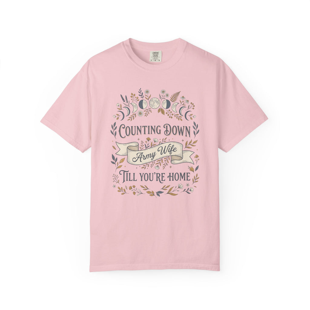 Light pink army wife countdown T-shirt with floral “Counting Down” front graphic