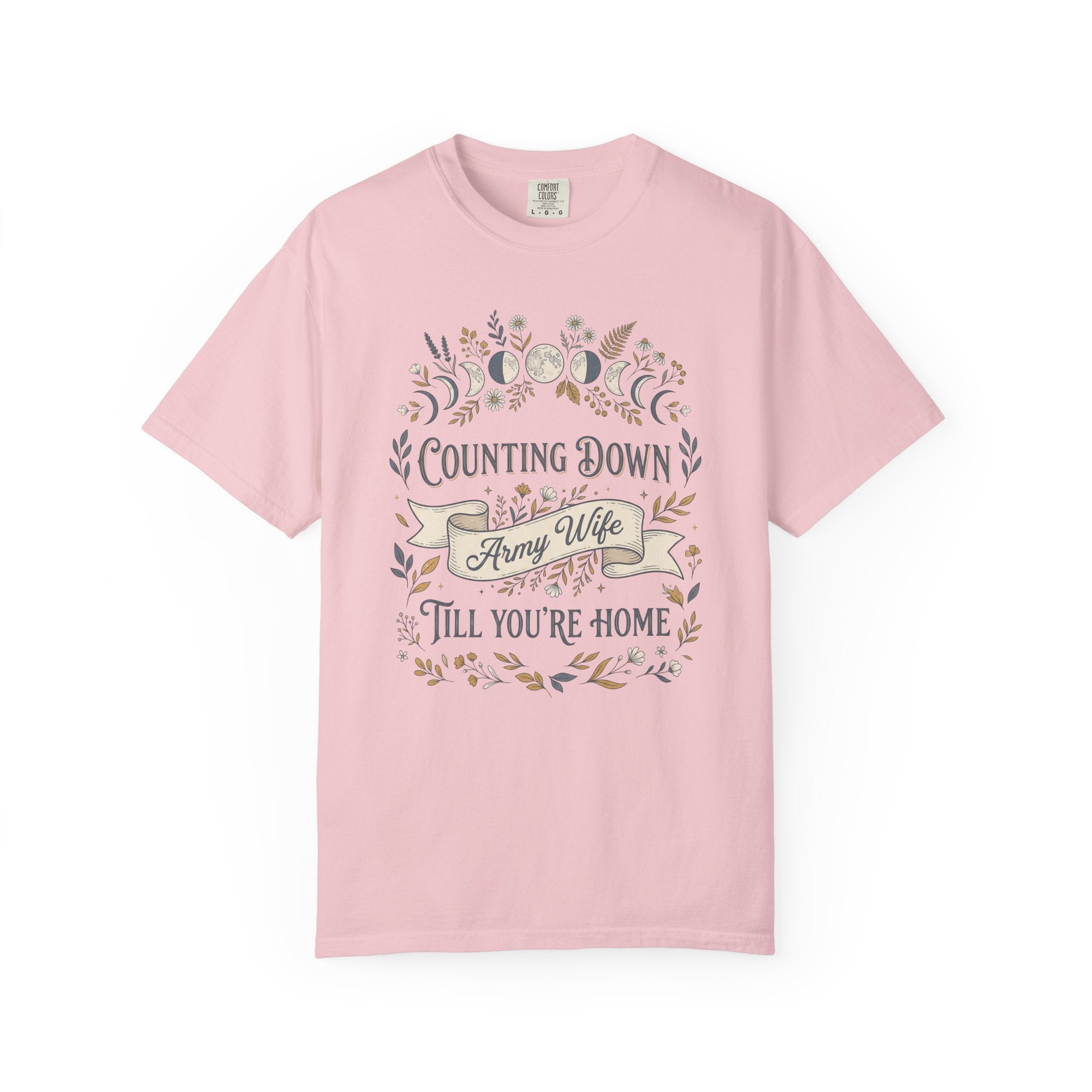 Light pink army wife countdown T-shirt with floral “Counting Down” front graphic
