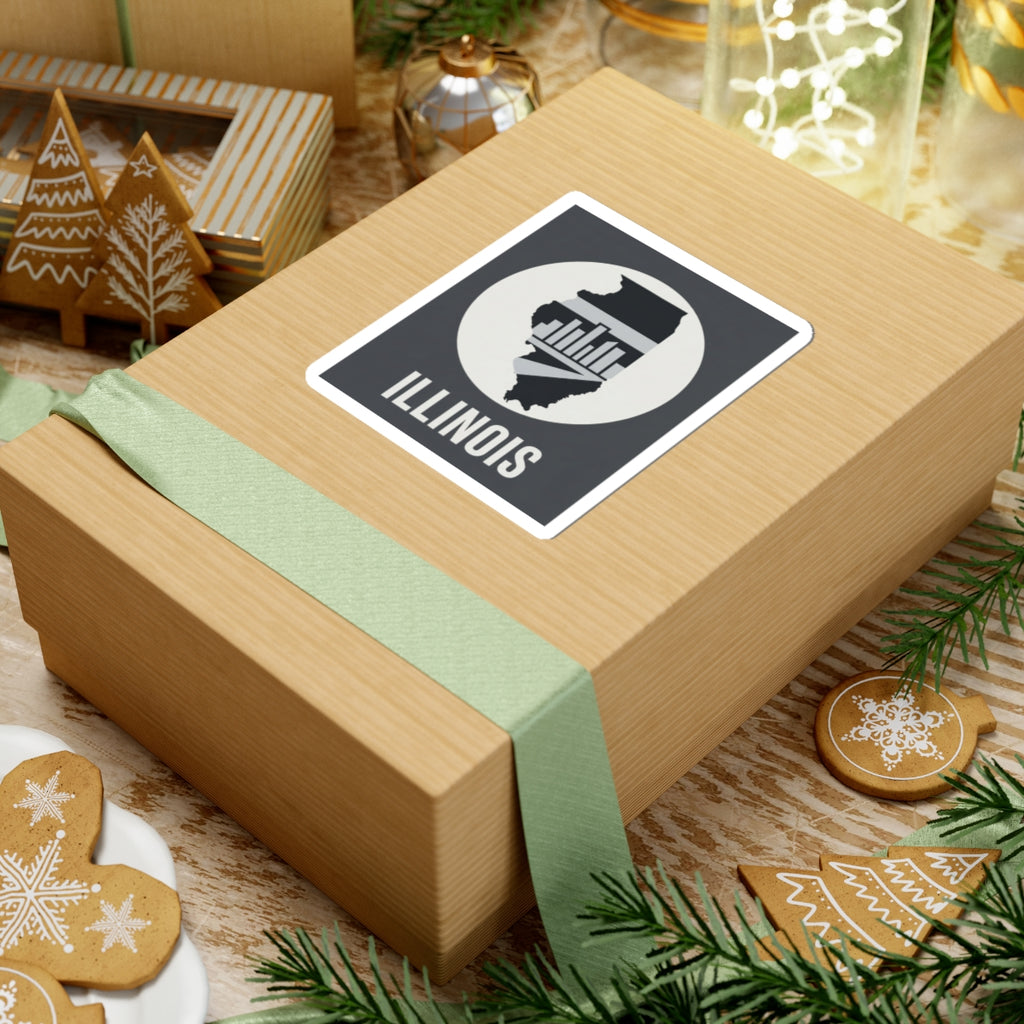 Illinois skyline silhouette sticker on a gift box label with “ILLINOIS” text