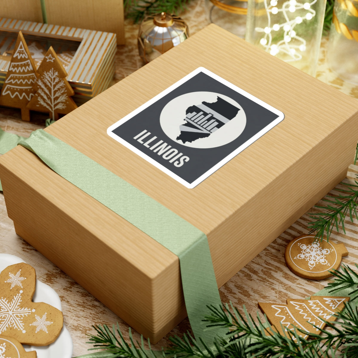 Illinois skyline silhouette sticker on a gift box label with “ILLINOIS” text
