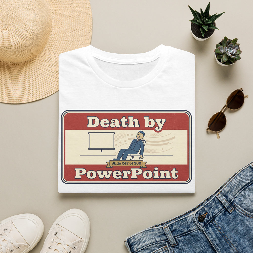 White T-shirt with 'Death by PowerPoint' presentation graphic on chest