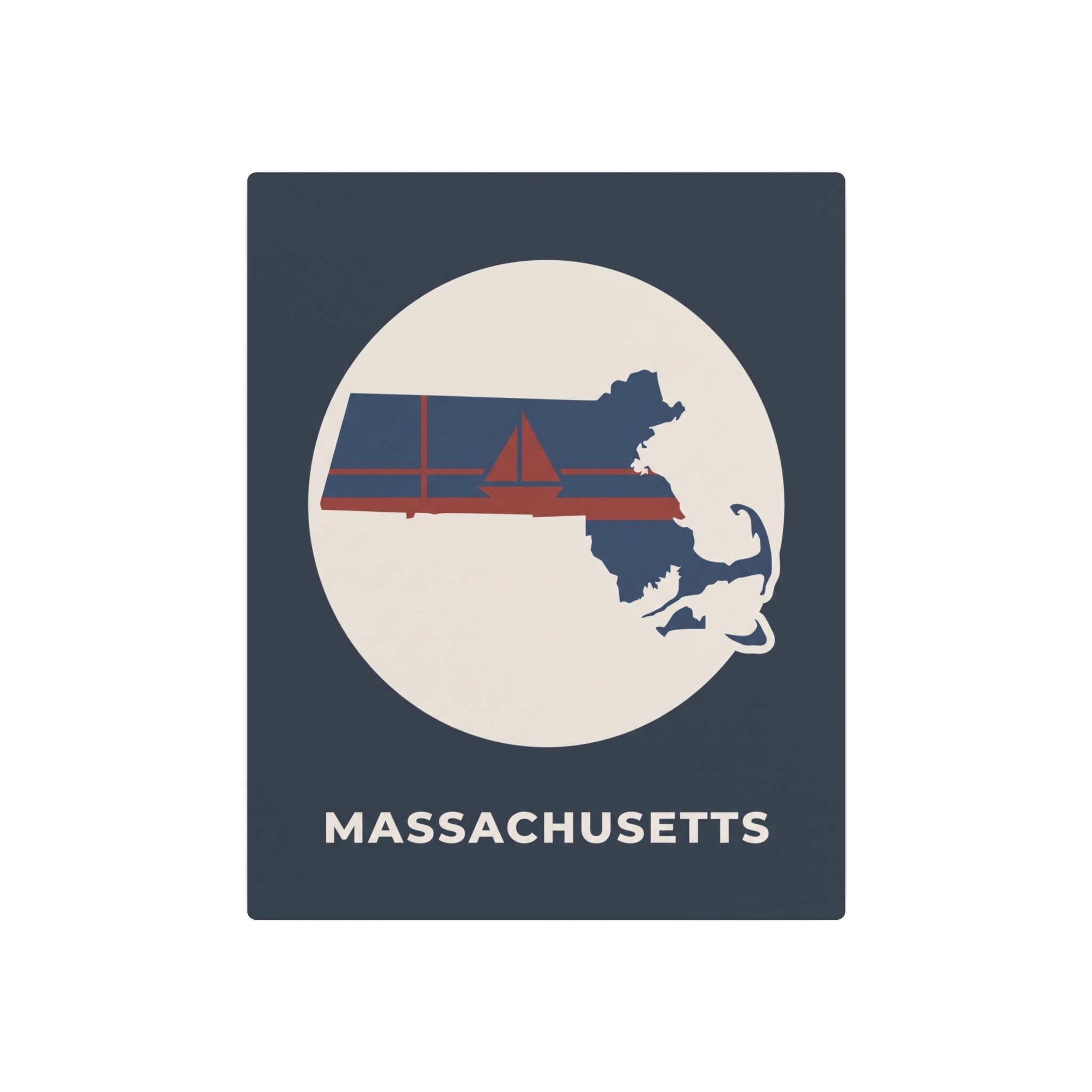 Metal state map art sign featuring Massachusetts silhouette, nautical stripes, and “MASSACHUSETTS” text.
