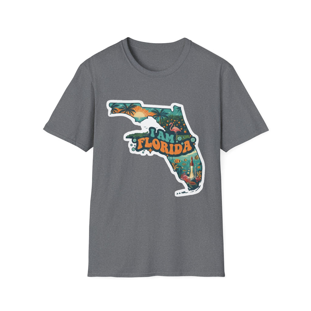 Medium grey T-shirt with “Florida” tropical sunset map graphic on the front