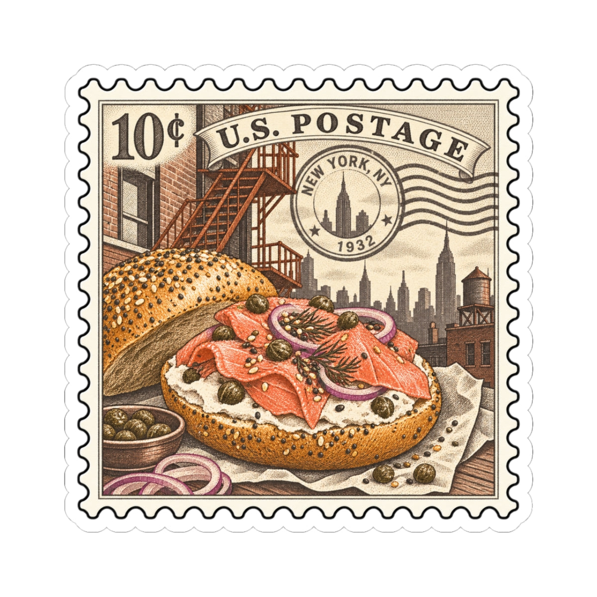 Smoked salmon bagel postage-stamp vinyl sticker with U.S. Postage 10¢ New York NY