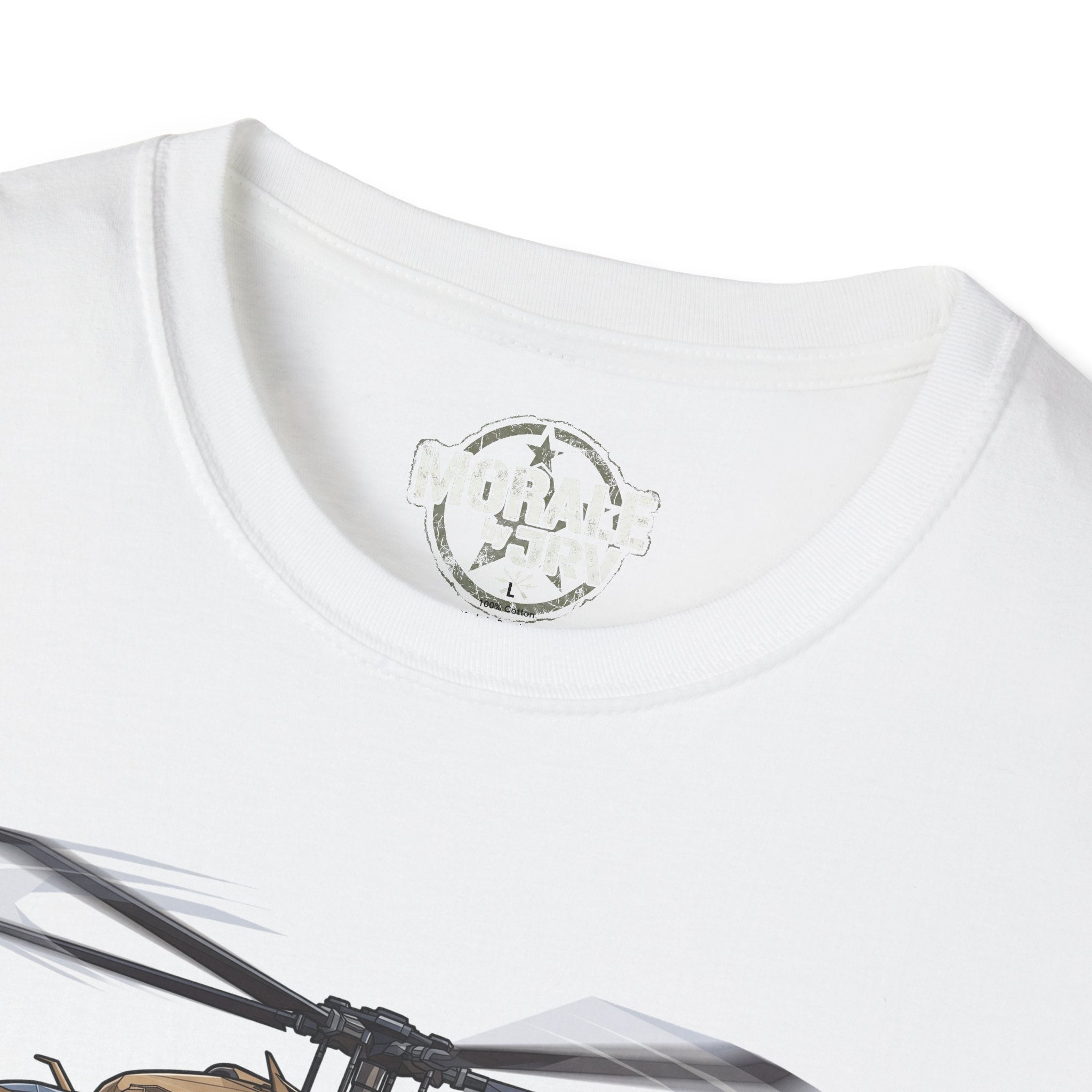 White T-shirt neckline detail with small circular logo; partial helicopter graphic below