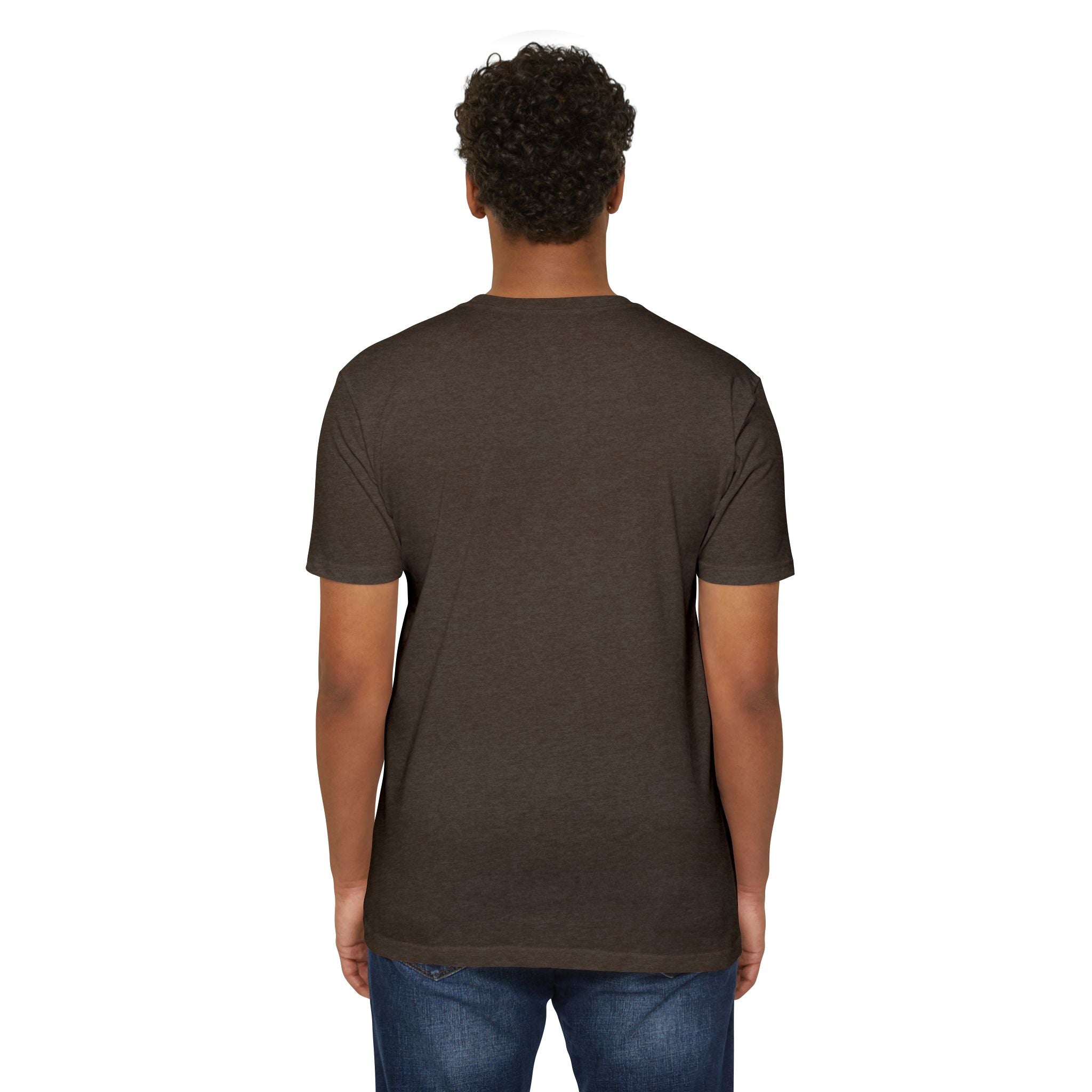 Dark charcoal graphic T-shirt, crew neck, short sleeves; plain back view