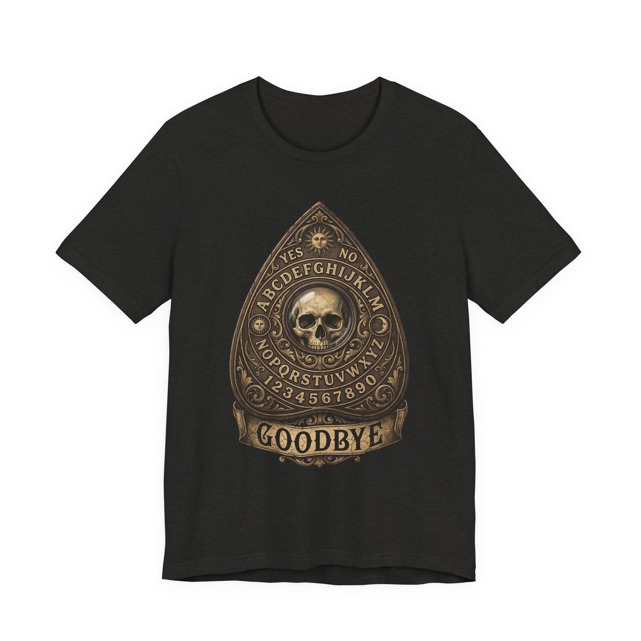 Ouija planchette skull T-shirt, black fabric, gold “GOODBYE” graphic centered