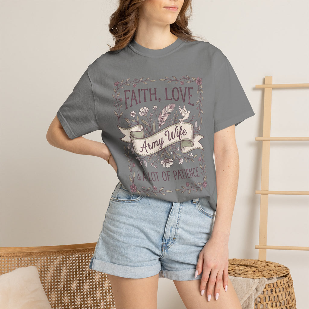Gray crewneck T-shirt with floral 'Faith, Love' and ribbon 'Army Wife' graphic