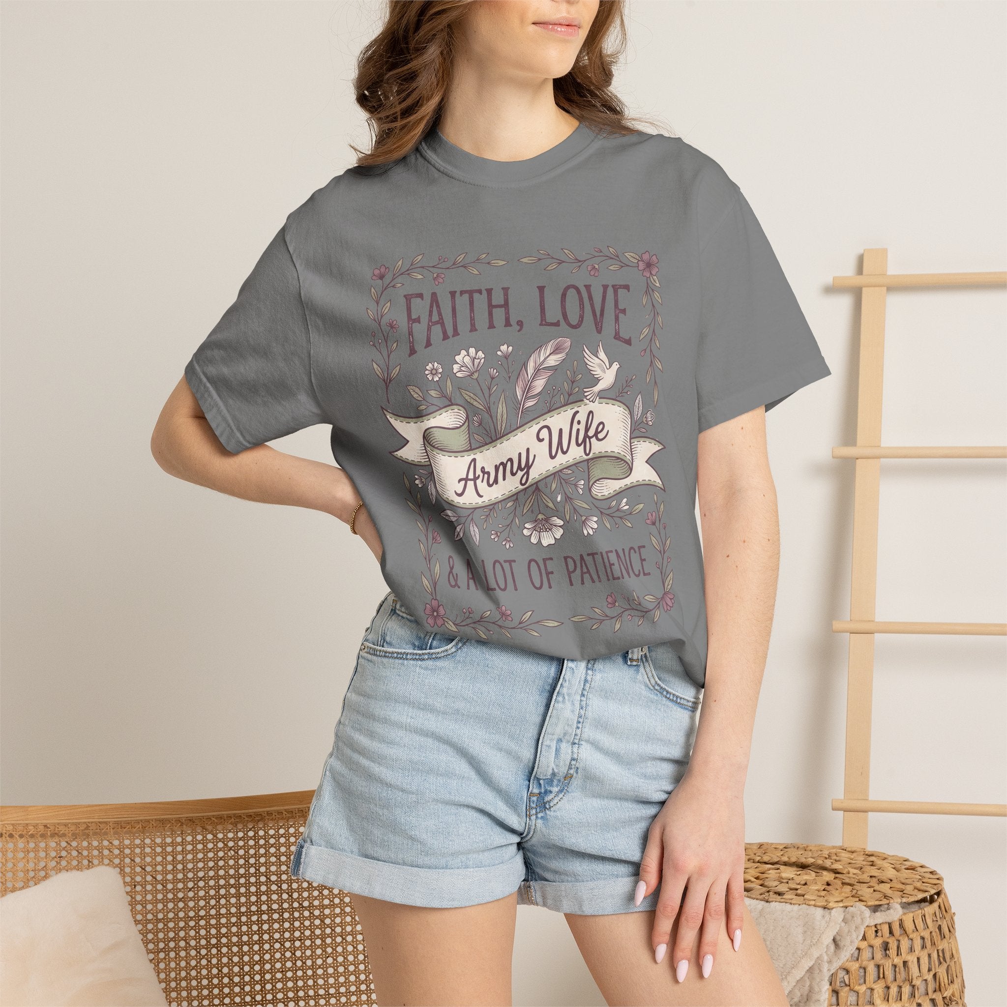 Gray crewneck T-shirt with floral 'Faith, Love' and ribbon 'Army Wife' graphic