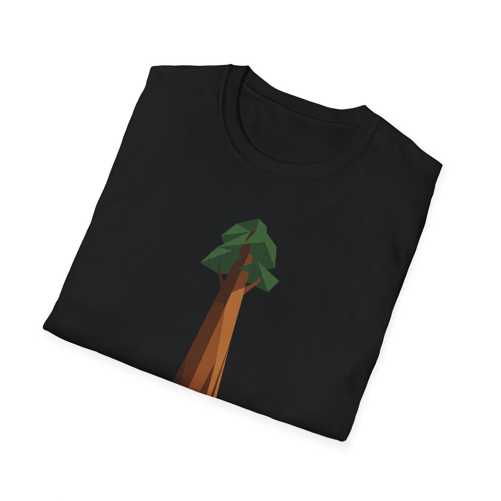 Black crew-neck T-shirt with geometric low-poly redwood tree graphic on front
