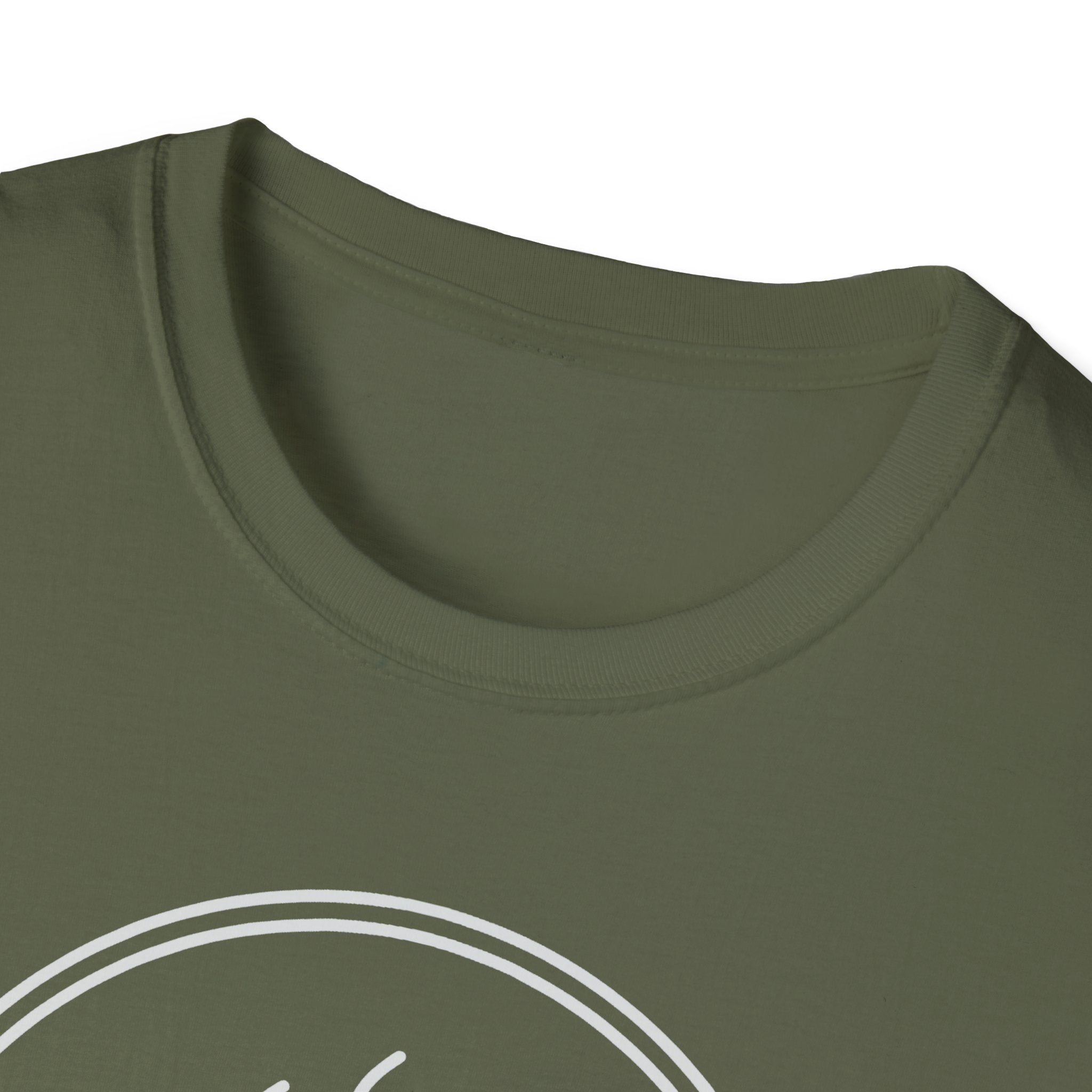 Olive green crew-neck T-shirt close-up with partial circular coffee graphic