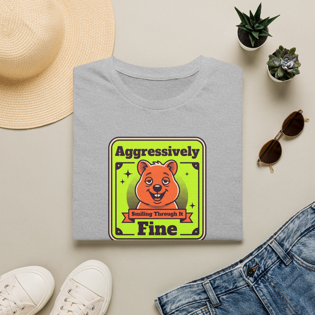 Light gray T-shirt with neon-style cartoon bear graphic and green-yellow text on front