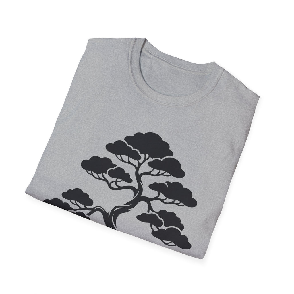 Gray T-shirt folded, black bonsai tree graphic centered on chest