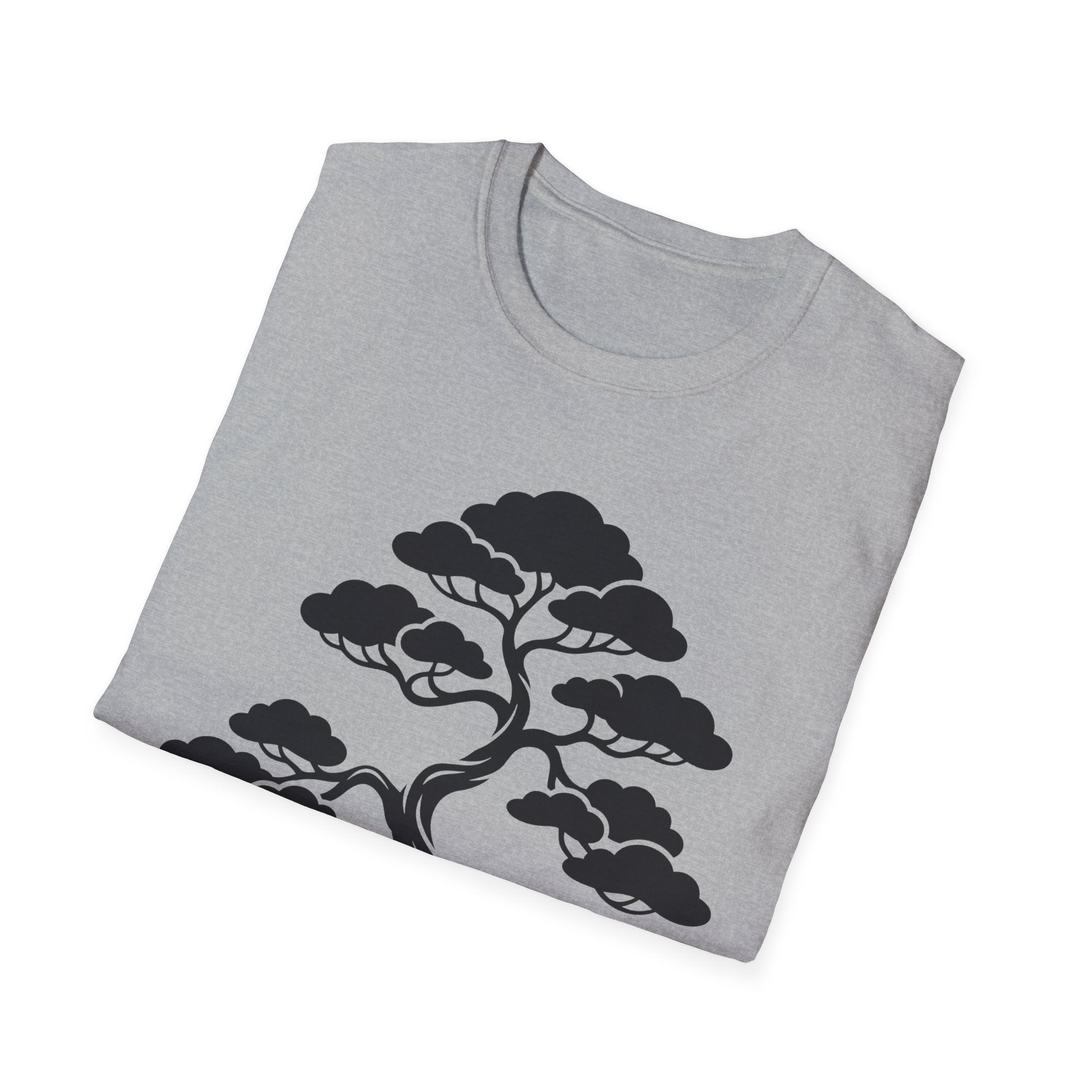 Gray T-shirt folded, black bonsai tree graphic centered on chest