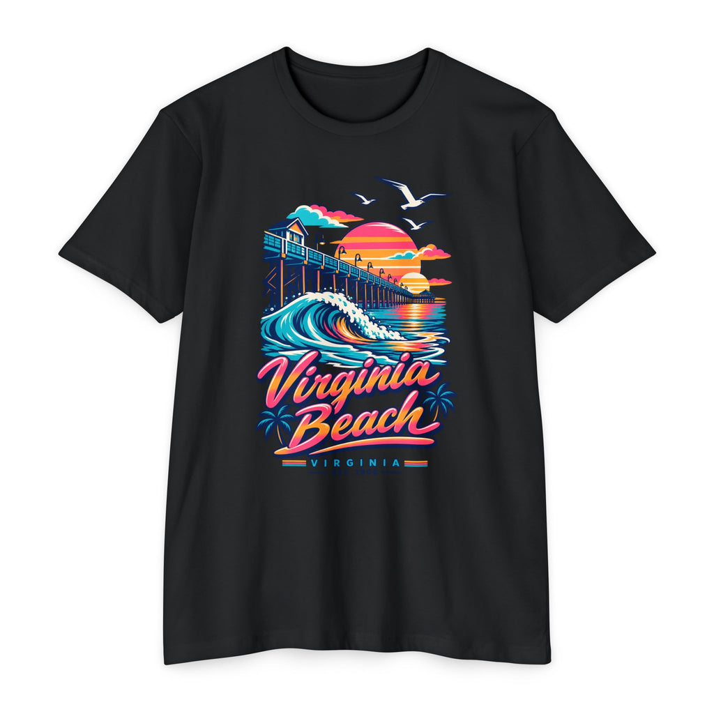 Black t-shirt with retro beach pier wave and seagull graphic