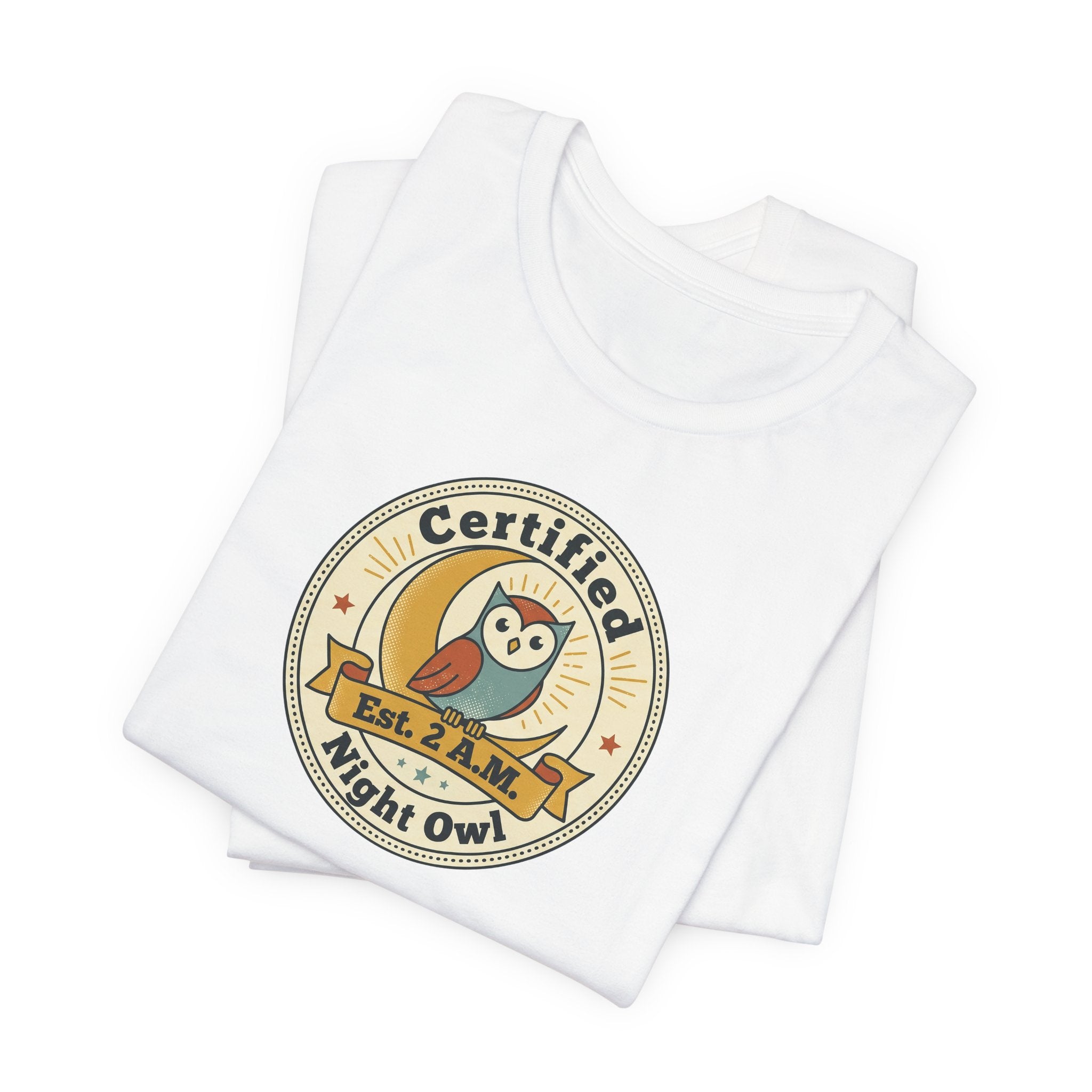 White graphic T-shirt, crew neck, “Certified Night Owl” badge front print