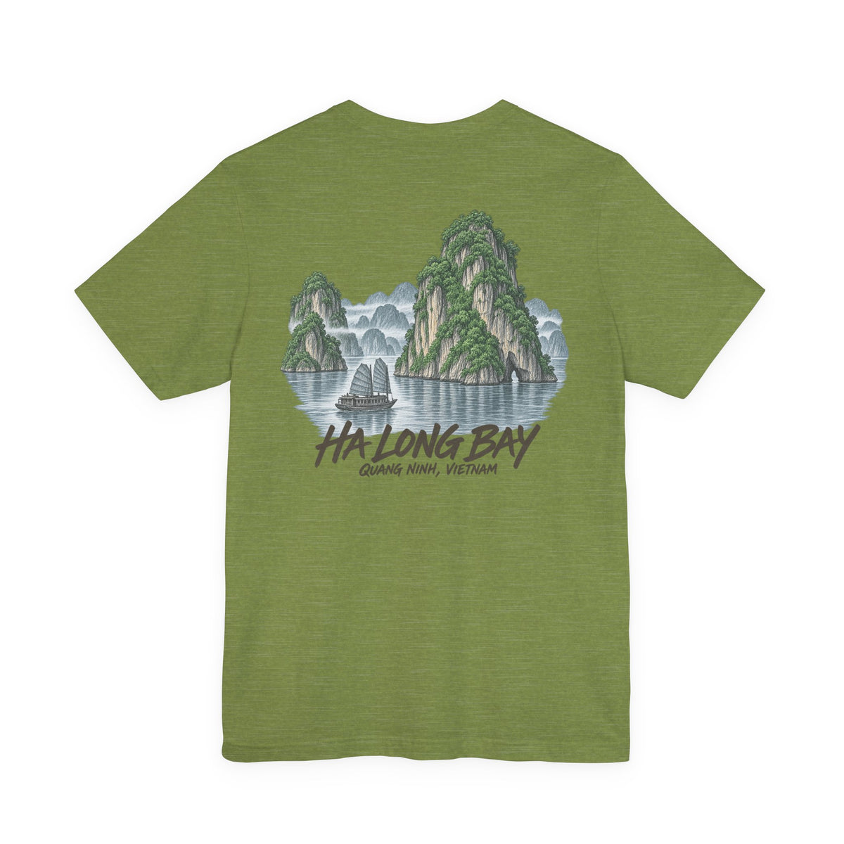 Heather green T-shirt with Ha Long Bay landscape graphic print on the chest