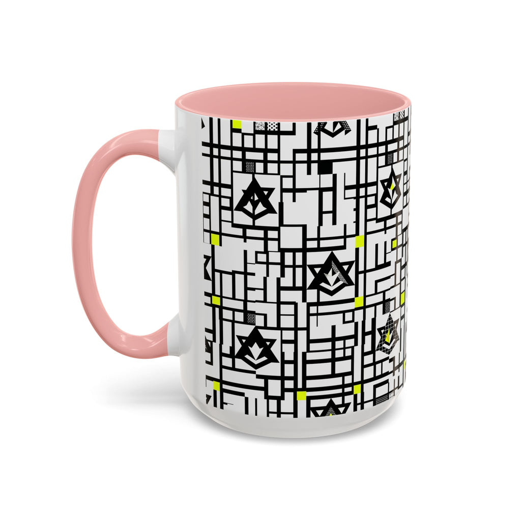 White ceramic mug with pink handle and geometric star grid pattern with small accent marks.