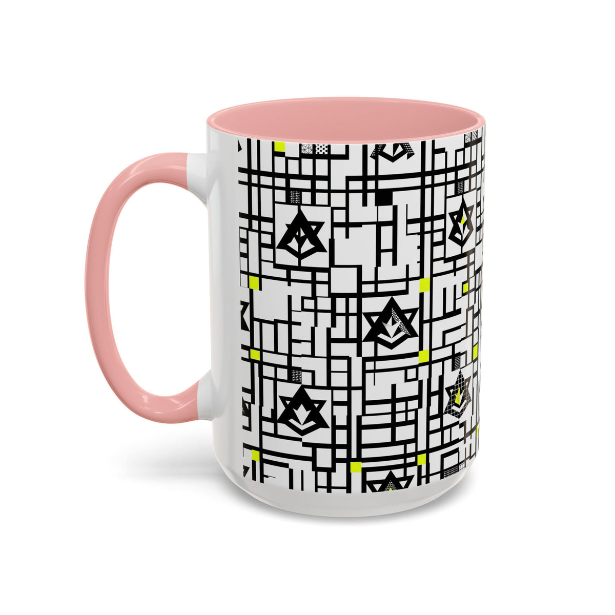 White ceramic mug with pink handle and geometric star grid pattern with small accent marks.